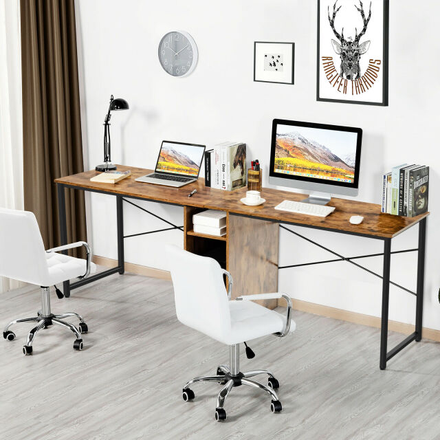 2 Person Computer Tower Desk Double Chair Slot Workstation Office Desk w/ Storage Rustic