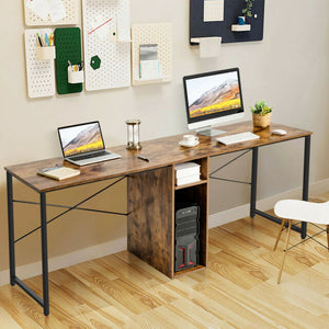 2 Person Computer Tower Desk Double Chair Slot Workstation Office Desk w/ Storage Rustic