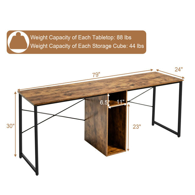 2 Person Computer Tower Desk Double Chair Slot Workstation Office Desk w/ Storage Rustic
