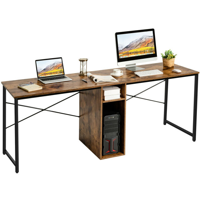 2 Person Computer Tower Desk Double Chair Slot Workstation Office Desk w/ Storage Rustic