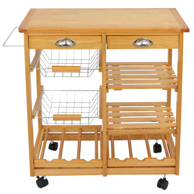 Rolling Wood Kitchen Island Trolley Cart Dining Storage Drawers Stand Bar Top