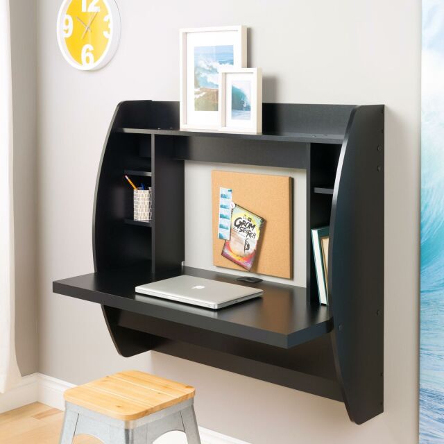 Black Wall Mount Computer Laptop Table Bookshelf Storage Desk