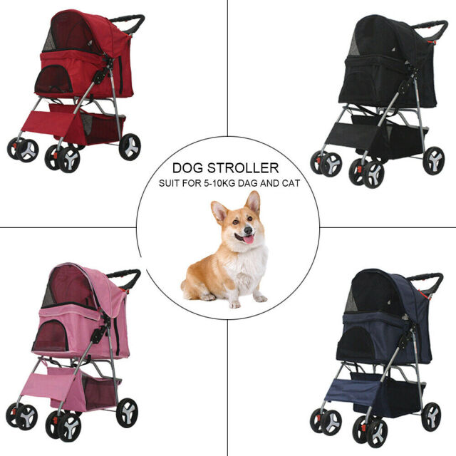 Pet Stroller Cat Dog Cage 4 Wheels Portable Folding Carrier