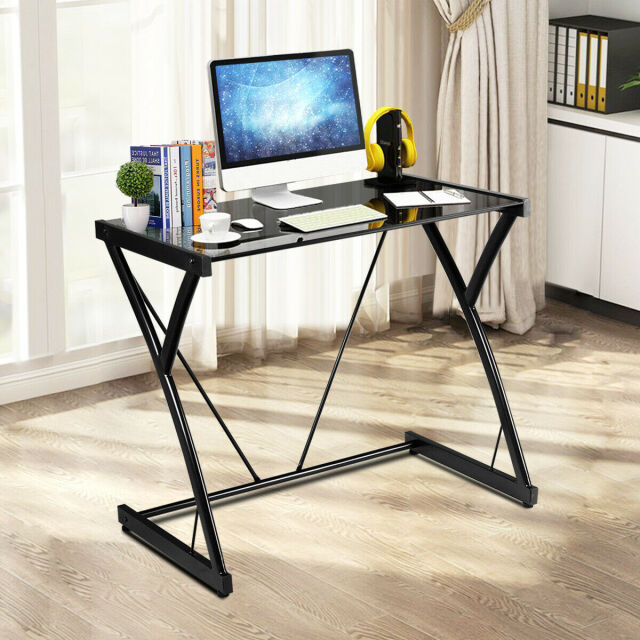 Glass Top Computer Desk Laptop Writing Study Home Z-Shaped Metal Frame
