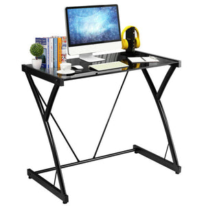 Glass Top Computer Desk Laptop Writing Study Home Z-Shaped Metal Frame