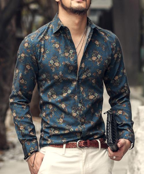 Men Dark Floral Printing Long Sleeve Elegant Shirts