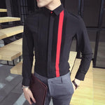 Men Elegant Formal Black Shirt With Side Chest Red Long Vertical Strip