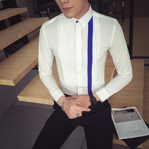Men Elegant Formal Black Shirt With Side Chest Red Long Vertical Strip