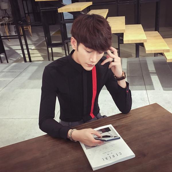 Men Elegant Formal Black Shirt With Side Chest Red Long Vertical Strip