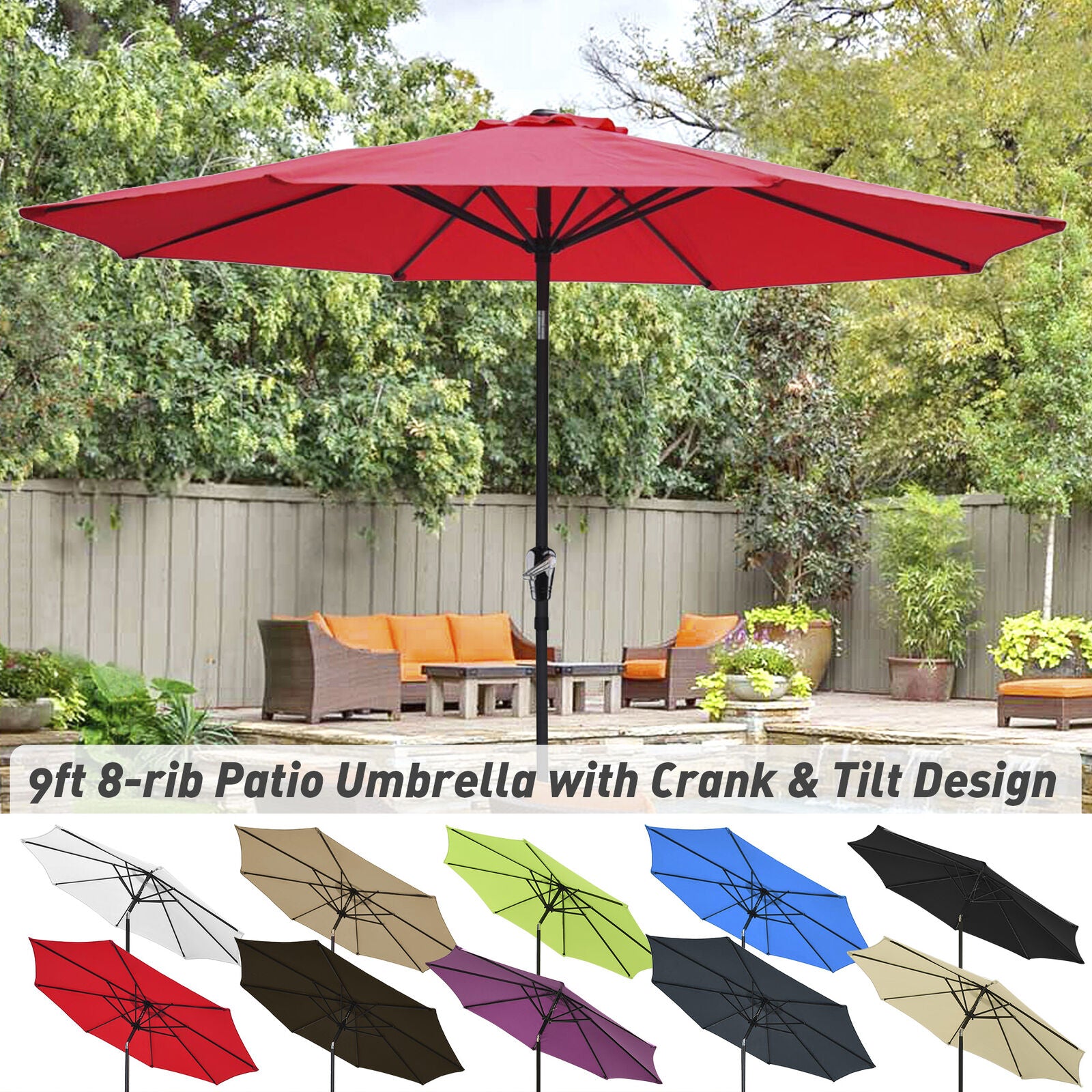 8 Rib Outdoor Tilt Umbrella Beach Home Garden Patio SunShade Outdoor Furniture
