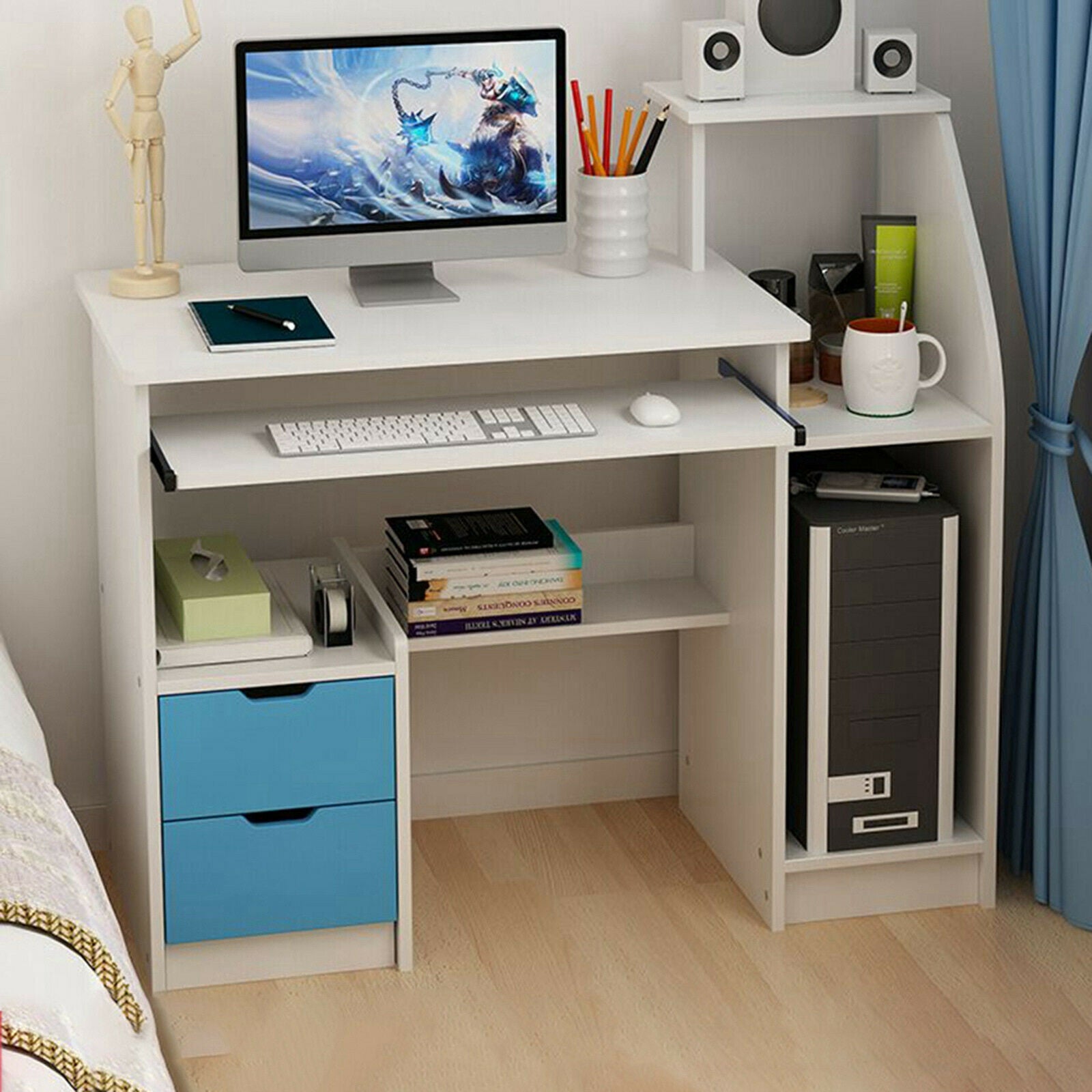 MultiCompartment Computer Desk PC Laptop Table Study Workstation Home Office w/Bookshelf+Drawer A