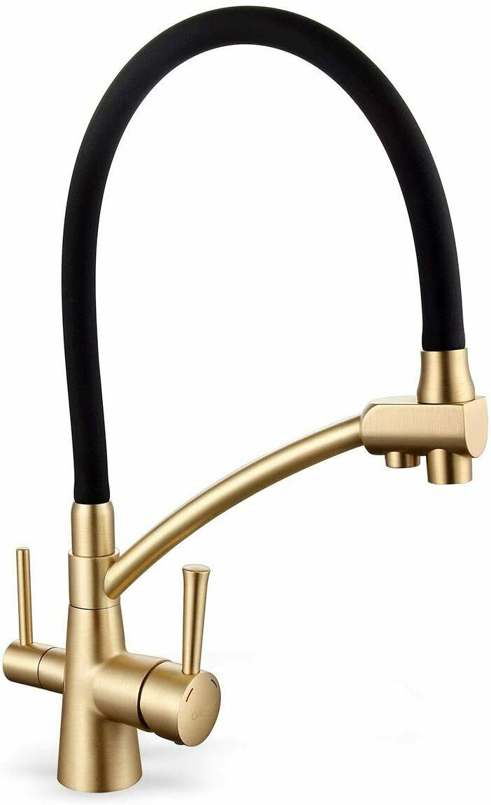 Brushed Gold Kitchen Sink Faucet Pull Out 3 in 1 High Arc Water Filter Purifier