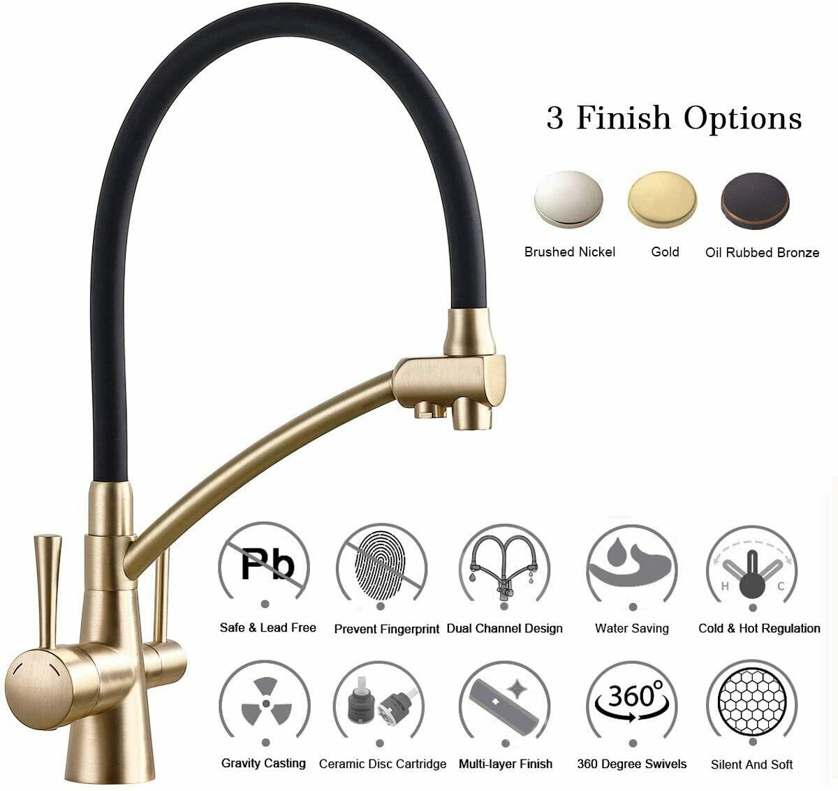 Brushed Gold Kitchen Sink Faucet Pull Out 3 in 1 High Arc Water Filter Purifier