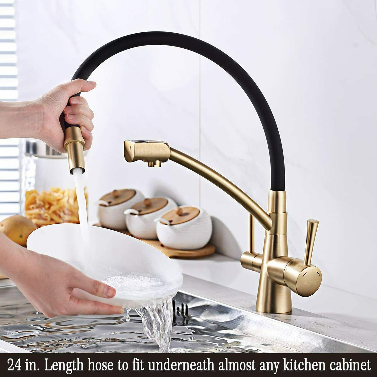 Brushed Gold Kitchen Sink Faucet Pull Out 3 in 1 High Arc Water Filter Purifier