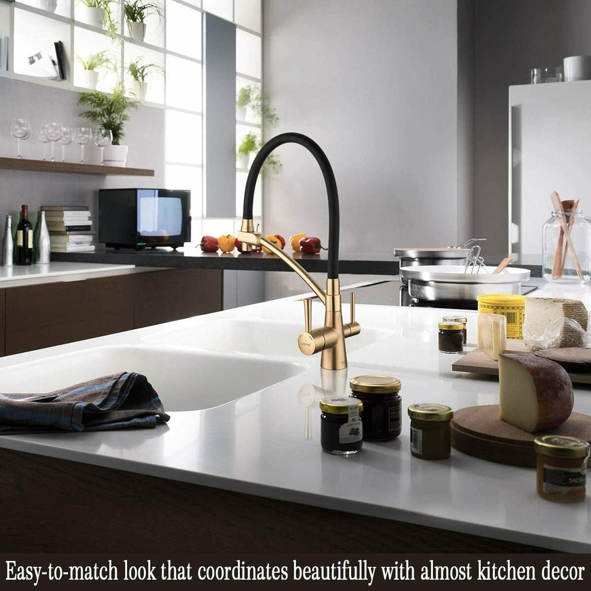 Brushed Gold Kitchen Sink Faucet Pull Out 3 in 1 High Arc Water Filter Purifier
