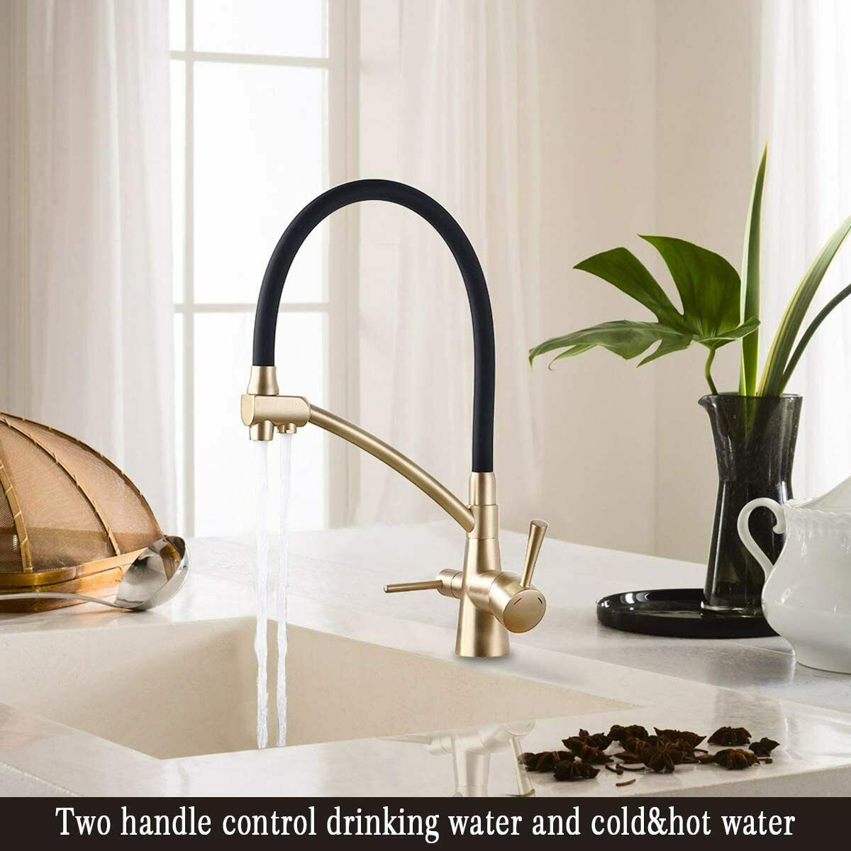 Brushed Gold Kitchen Sink Faucet Pull Out 3 in 1 High Arc Water Filter Purifier