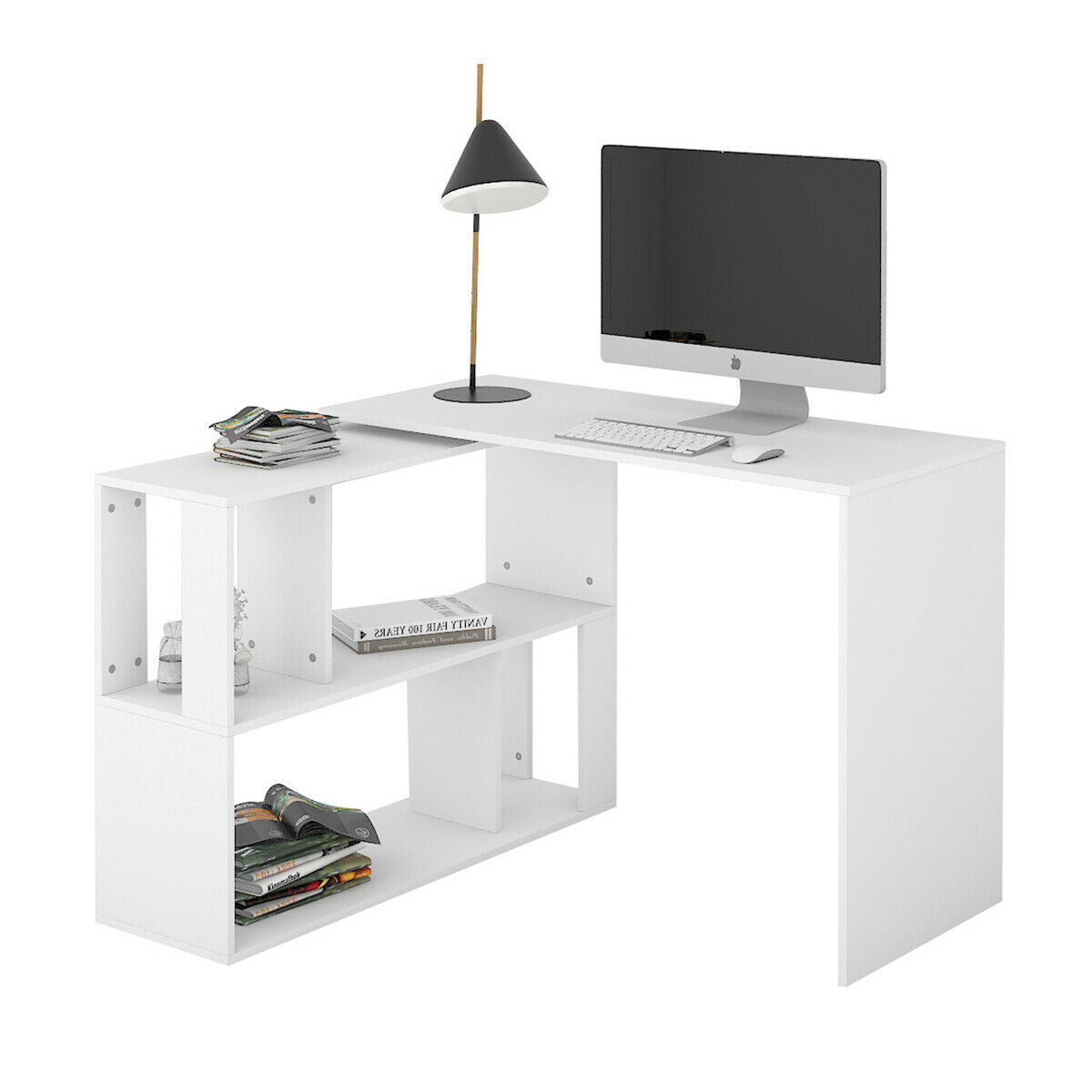 360°Rotating Corner Desk L-Shaped Computer Table Home Office Combo Storage Shelf