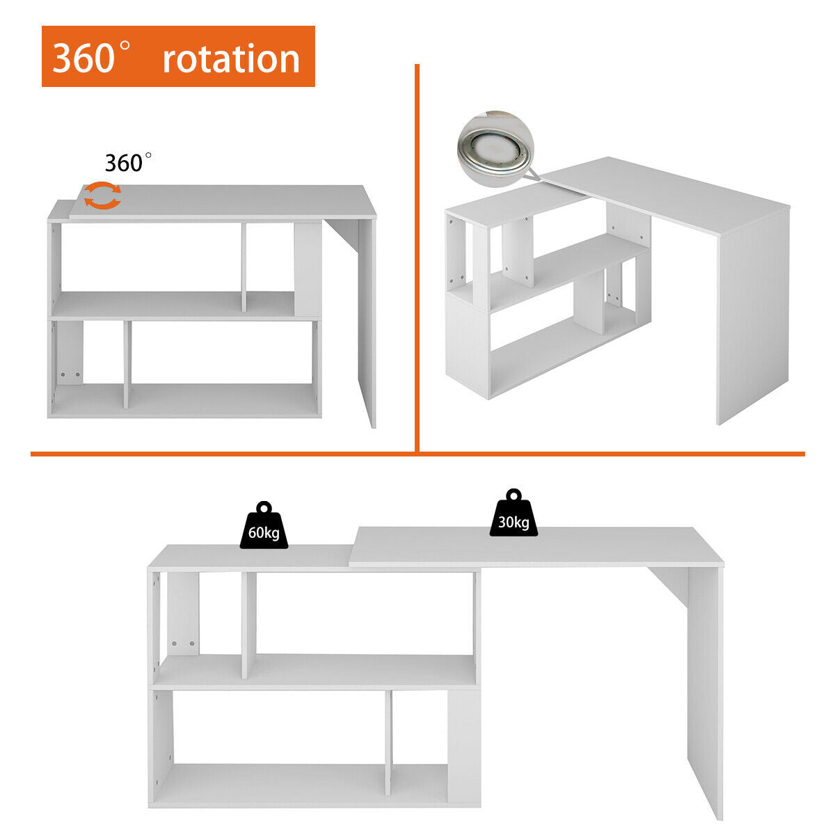 360°Rotating Corner Desk L-Shaped Computer Table Home Office Combo Storage Shelf