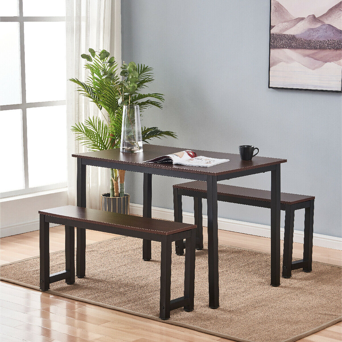 3 Piece Dining Table Set With 2 Benches Wooden Kitchen Dining Room Furniture