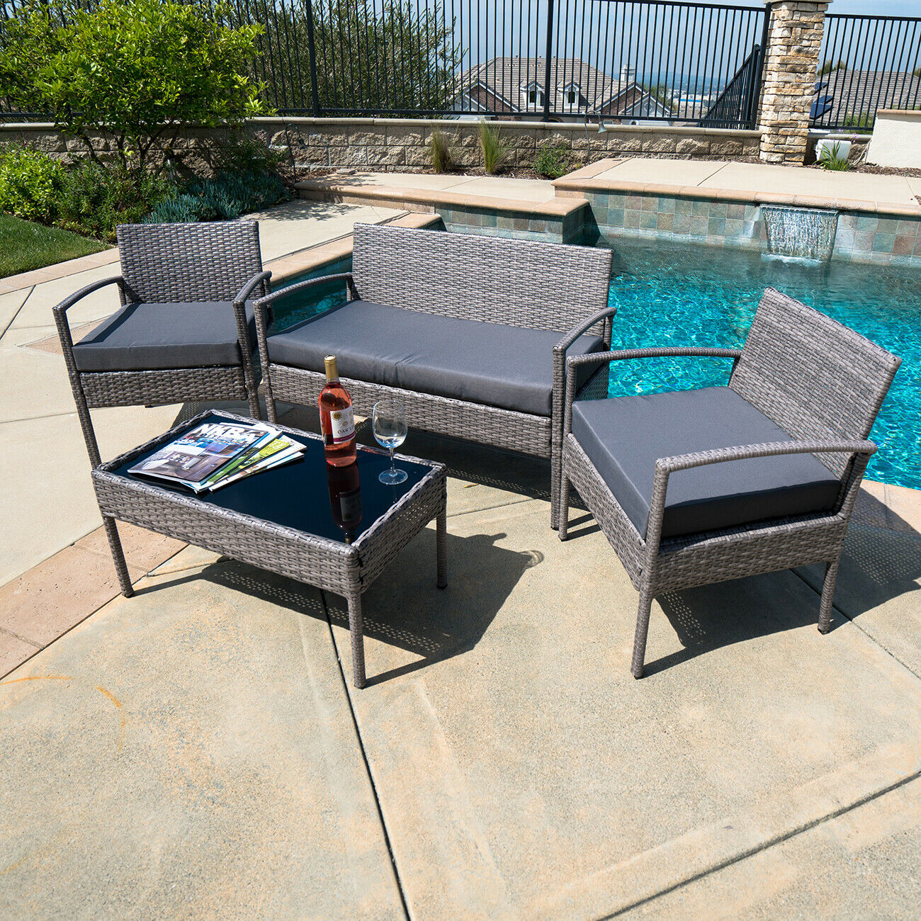 Luxury Patio Outdoor 4Pcs Rattan Sofa Garden Conversation Set, Gray