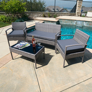 Luxury Patio Outdoor 4Pcs Rattan Sofa Garden Conversation Set, Gray
