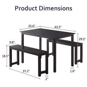 3 Piece Dining Table Set With 2 Benches Wooden Kitchen Dining Room Furniture