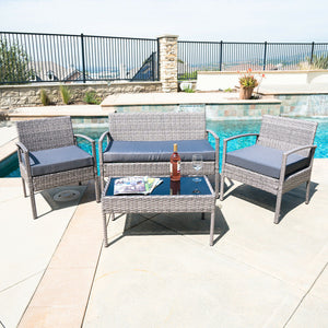 Luxury Patio Outdoor 4Pcs Rattan Sofa Garden Conversation Set, Gray
