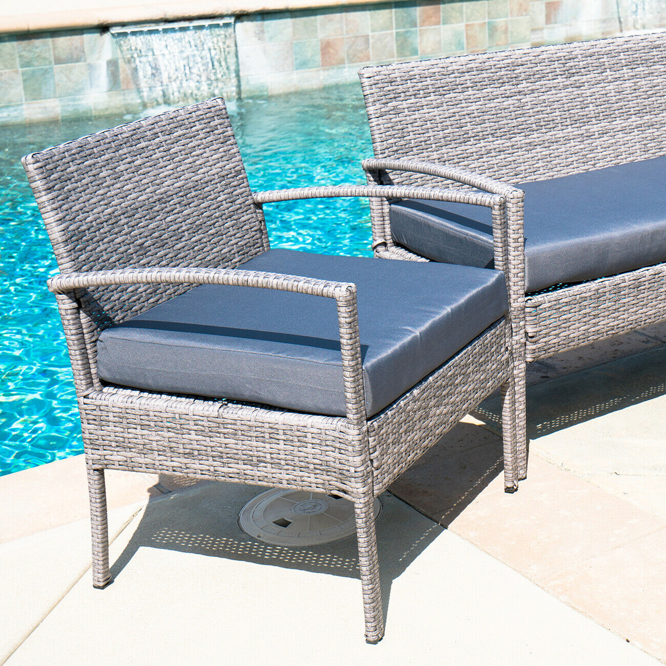 Luxury Patio Outdoor 4Pcs Rattan Sofa Garden Conversation Set, Gray