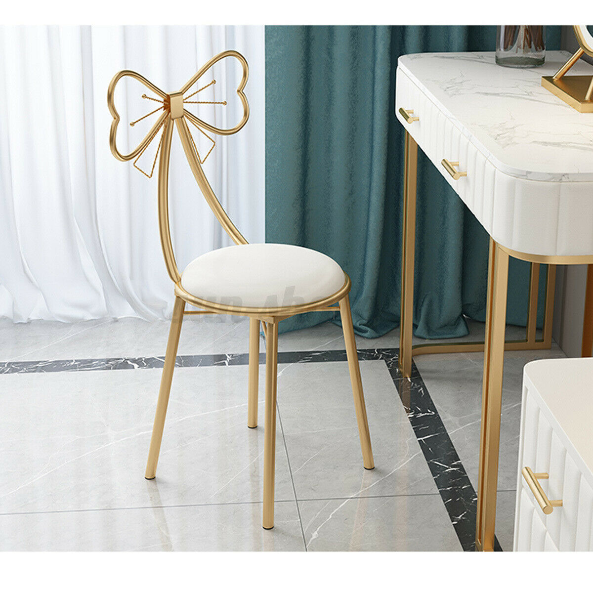 White Dressing Table Stool PU Leather Bow Chair Bedroom Makeup Vanity Chair Seat