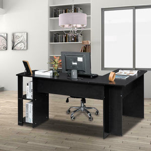 Executive Wooden L-Shaped Computer Desk Home Office Laptop PC Table Bookshelves Black